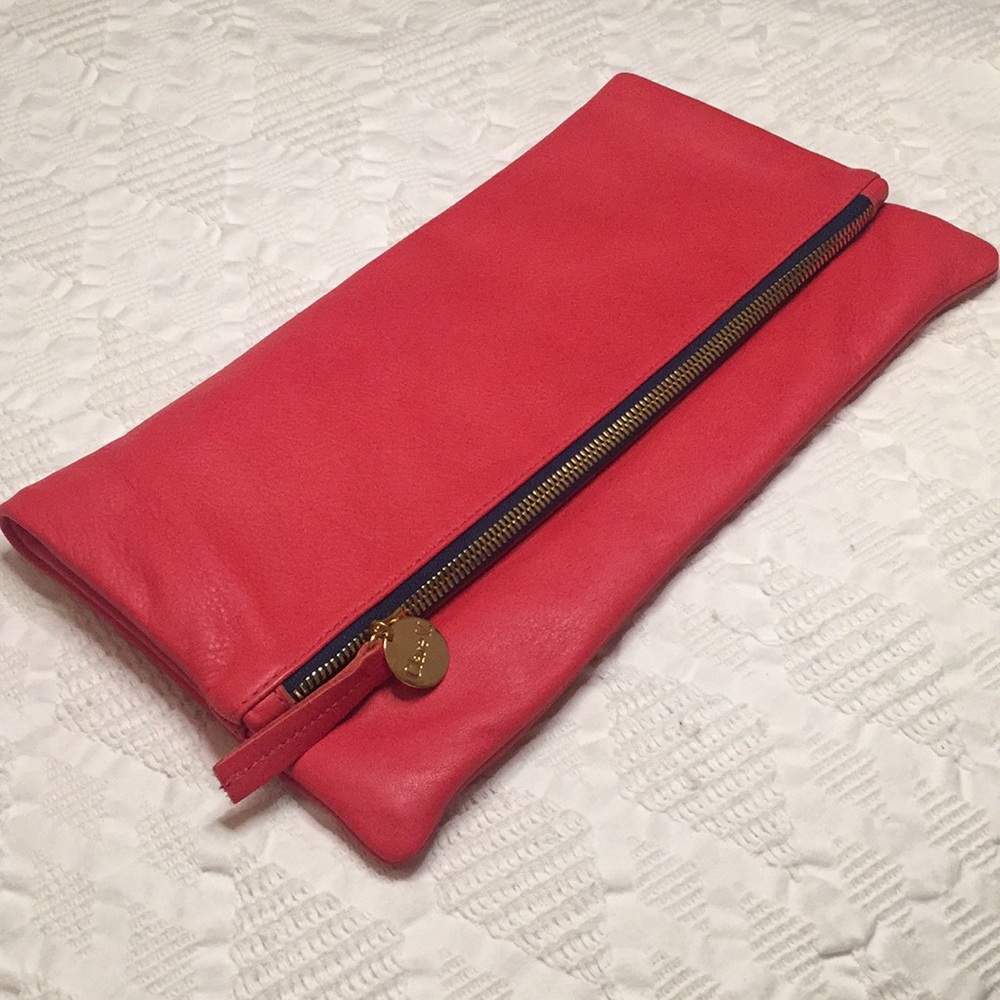 Clutch leather tomato color blue trim 12x7 inch
